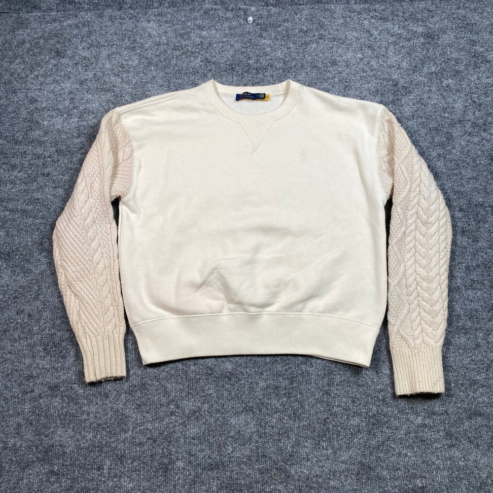 Polo Ralph Lauren Mens Cream Hybrid Cable Knit Sleeve Fleece Sweatshirt Medium